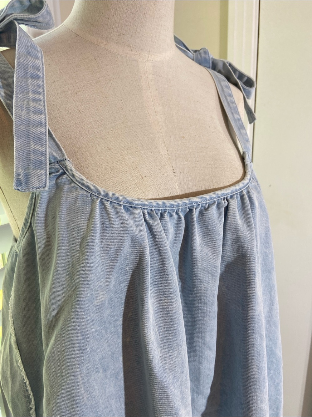 Cottagecore Light Denim Babydoll Mini Dress Size S Frayed Ruffle Hem Western - Picture 2 of 10
